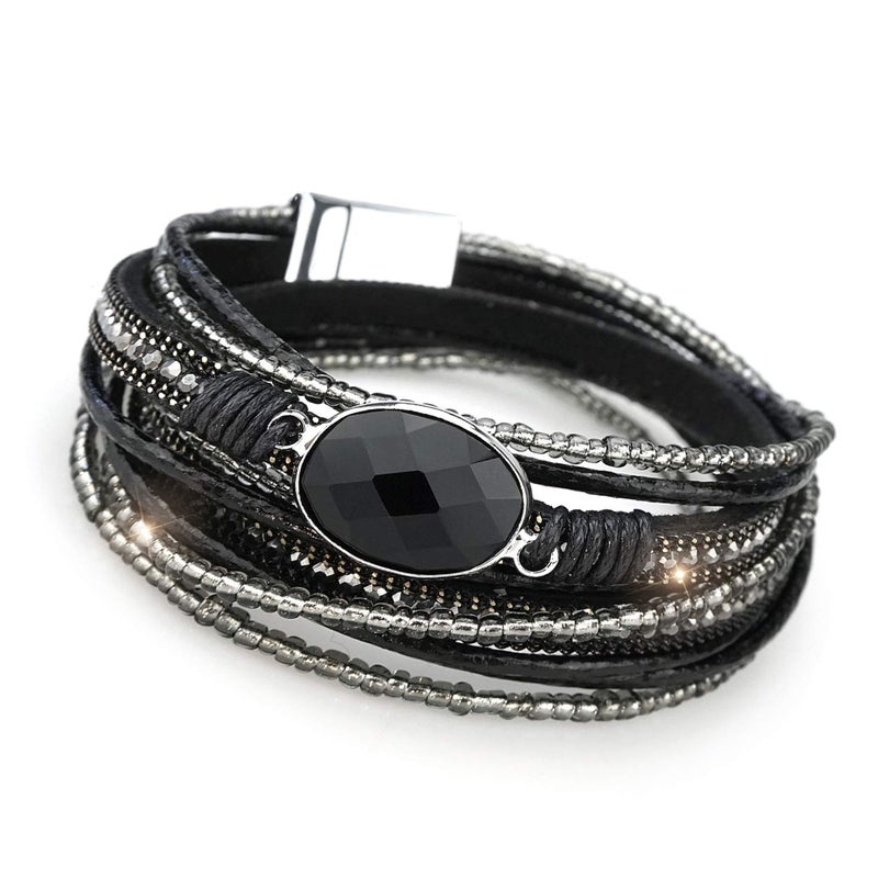 Suyi Women Wrap Bracelet Multilayered Leather Braided Bangle Wrist Cuff Bangles with Magnetic Buckle Black - Image 1